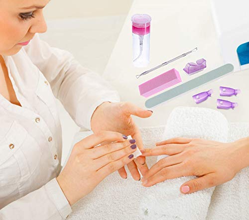 Nail Polish Remover Tools Kit - 500 Pcs Polish Remover Cotton Pads, 10 Pcs Purple Polish Remover Clips Caps, 1pc Nail Polish Remover Bottle, 1pc Cuticle Pusher, 1pc Nail Brush, 100/180 Grit Nail File and Rectangular Nail Buffer Block Tools