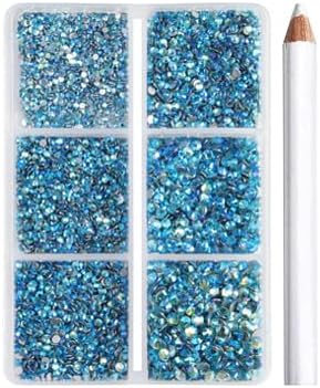 Beadsland 7200pcs Flatback Rhinestones,Blue AB Rhinestone Nail Gems Round Crystal Rhinestones for Crafts,Mixed 6 Sizes with Wax Pencil Kit, SS3-SS10,Aquamarine AB