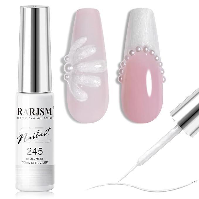 RARJSM Pearl White Gel Liner Nail Art Pearlescent Silver Shell Glitter Swirl Effect Gel Polish 8ml Build in Thin Brush Painted Drawing Striper Soak off Curing Requires for Home Salon