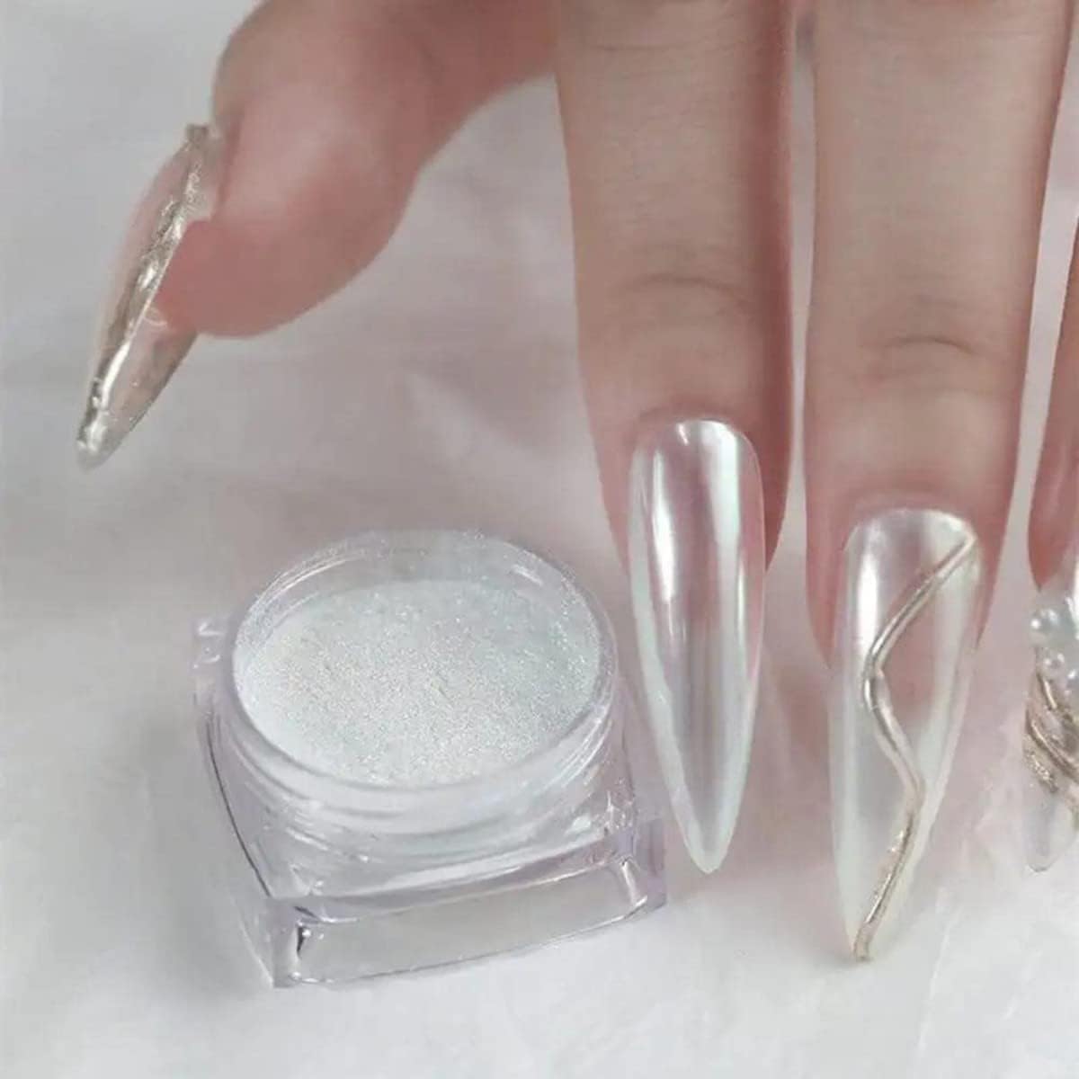 White Pearl Chrome Nail Powder, Mirror Effect Pearlescent Chrome Pigment Powder for Nails, Ice Aurora Nail Powder 3Pcs