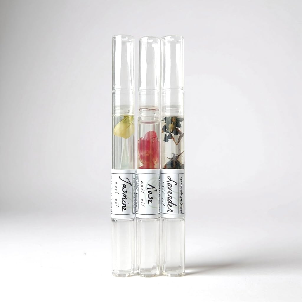 Cuticle Oil Trio – Lavender, Jasmine & Rose Pens with Real Flower Petals – Nourishes, Strengthens, Repairs & Protects – Natural Gift Set (3 Pack)