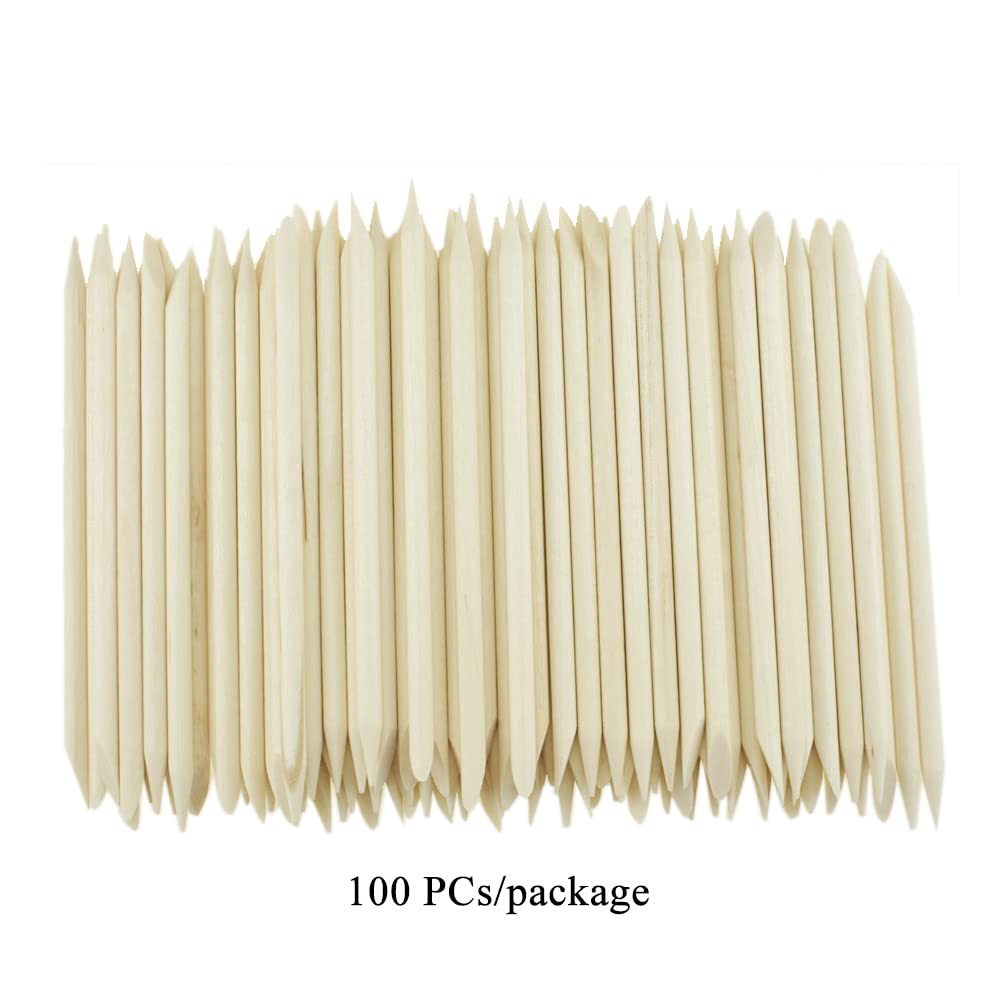 HAHIYO 3.7 inches 100PCs Natural Wood Double-Ended Cuticle Pusher Stick - Mini Orange Wood Stick for Nail Care, Manicure, and Pedicure - Effective Nail Cuticle Remover and Cleaning Tool Set
