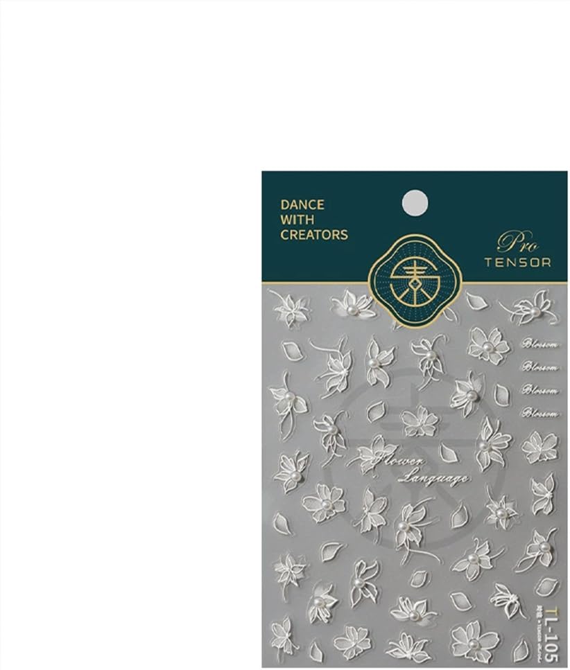 5D Embossed Flower Nail Stickers White Floral Nail Art Stickers Self-Adhesive Pearls Nails Decalsb Spring Summer Nail Art Design Supplies for Women Girls Nails Manicure Decoration