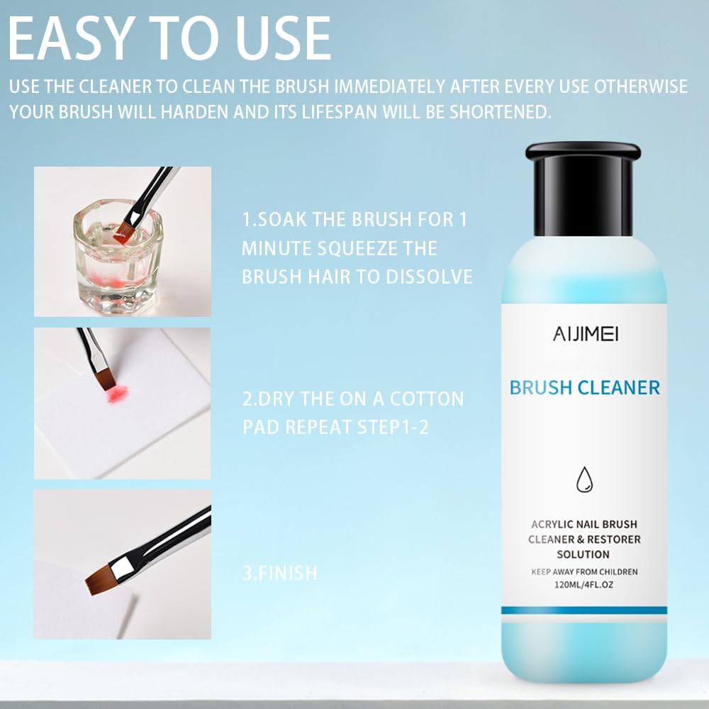 AIJIMEI Nail Brush Cleaner - 4oz Gel Solution for Preserving & Restoring Nail Art Brushes - Includes Glass Cup & Cleaning Cotton Pads - Effective Manicure Brush Cleaning Set (120ml)