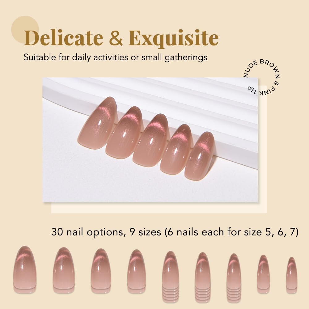 evpct Nude Brown Cat Eye Press on Nails Almond Medium, Medium Almond Glue on Nails for Women Gift, Iridescent Pink Smile Curve Metallic Glitter Reusable Gel Press on Acrylic Fake Nail with Designs