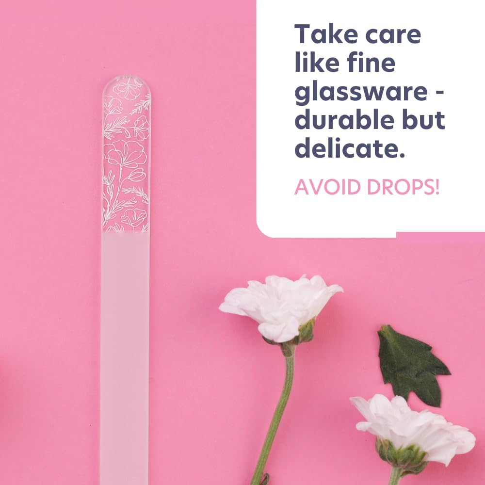 Bona Fide Beauty Czech Glass Nail File for Natural Nails (Floral Design), Giftable Box and New Travel Hardcase Included