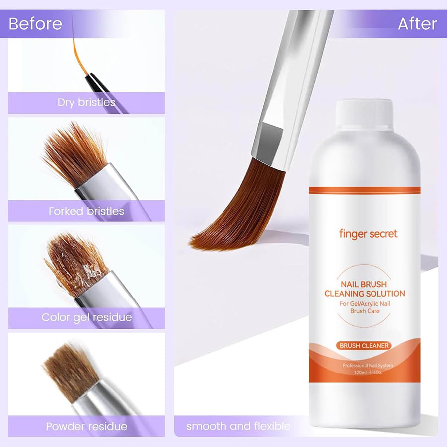 Nail Brush Cleaner Brush Cleaner 4fl.oz 120ml Remover Cleanser Clean and Care Acrylic Nail Brushes Gel Nail Polish Brushes Nail Brushes 50 cotton flakes crystal glass NailS Tech Supplies
