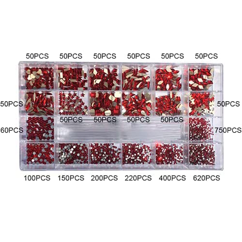 HOINCO 3100Pcs Crystal Red Nail Rhinestones, Multi-Shaped Nail Charms for DIY Nail Art