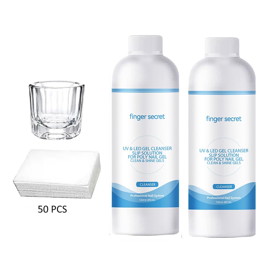 2 PCS Finger Secret Slip Solution For Poly Nail Gel 4oz With Dual-Ended Brush Poly Gel Nail Kit Professional Gel Cleanser for UV & LED Gels.Ideal for Nails DIY Beginners