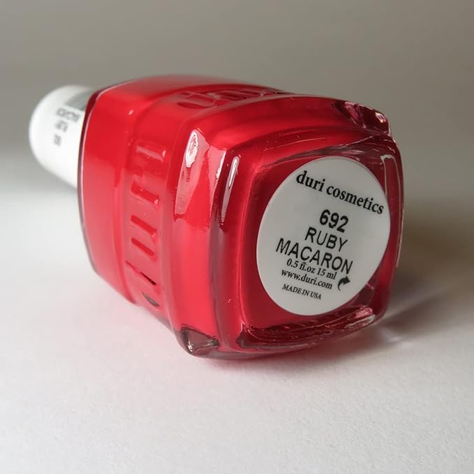 duri Nail Polish, 692 Ruby Macaroon, Classic Red Lacquer, Glossy Finish, Full Coverage, Quick Drying, 0.45 Fl Oz