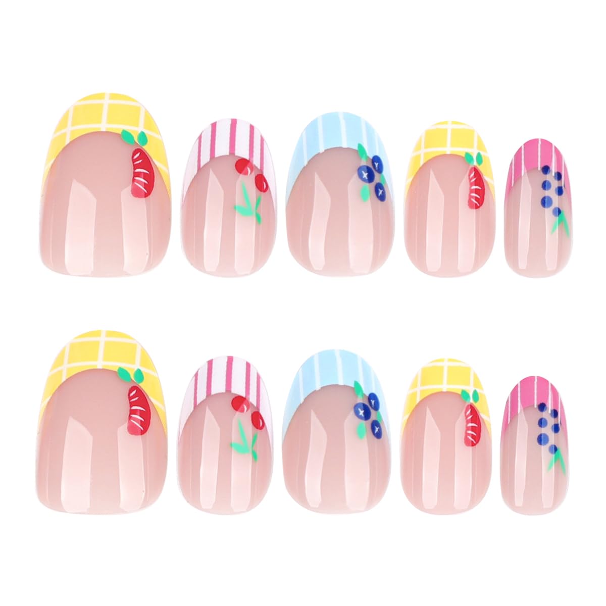 Summer Fruit Press On Nails Oval Shape, Colorful Striped Fake Nails with Cute Cherry Grape Orange Blueberry Designs, Glossy Gel Finish Acrylic Reusable Glue On Nails for Women, 24 Pcs