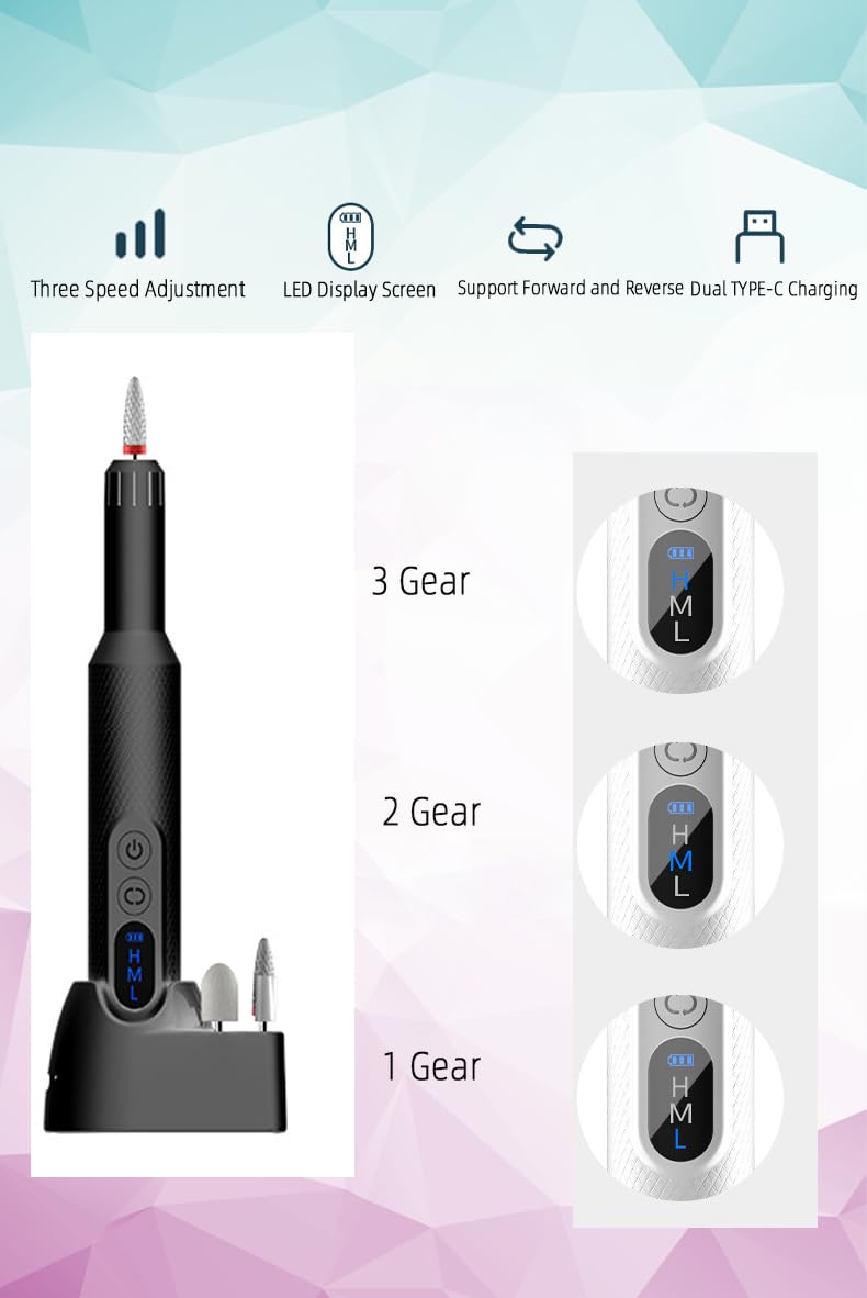 Pinkiou Electric Nail Drill, Cordless Electric Nail File ,Manicure Pedicure Kit for Acrylic,Gel Nails,Rechargeable Nail Drill,Professional Nail Grinder for Home Salon Use
