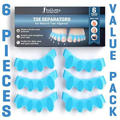 Ballotte Toe Separators, Silicone Toe Spacers for Bunions and Overlapping Hammer Toes, Athletic Tootsie Spacers for Running and Yoga, Foot Finger Splitters for Men & Women (6 Pack)