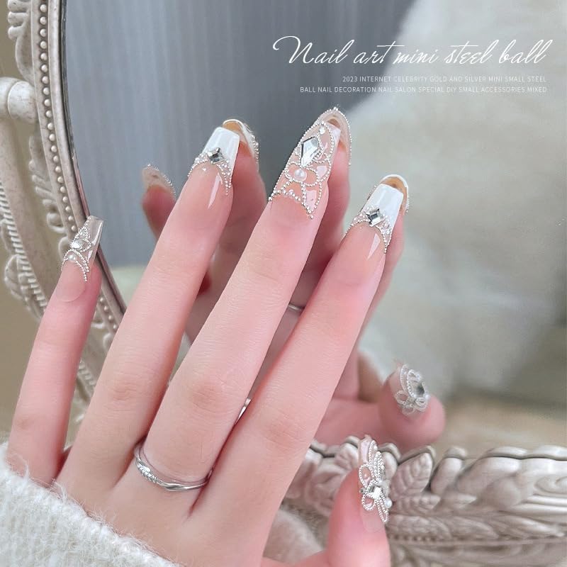 2 Boxes Flatback Pearls (White+Beige) and Silver+Gold Nail Beads for Nail Art with Rhinestone, Pearl Nail Charms and Gems and Small Round Caviar Beads for Acrylic Nail Tips Manicure 3