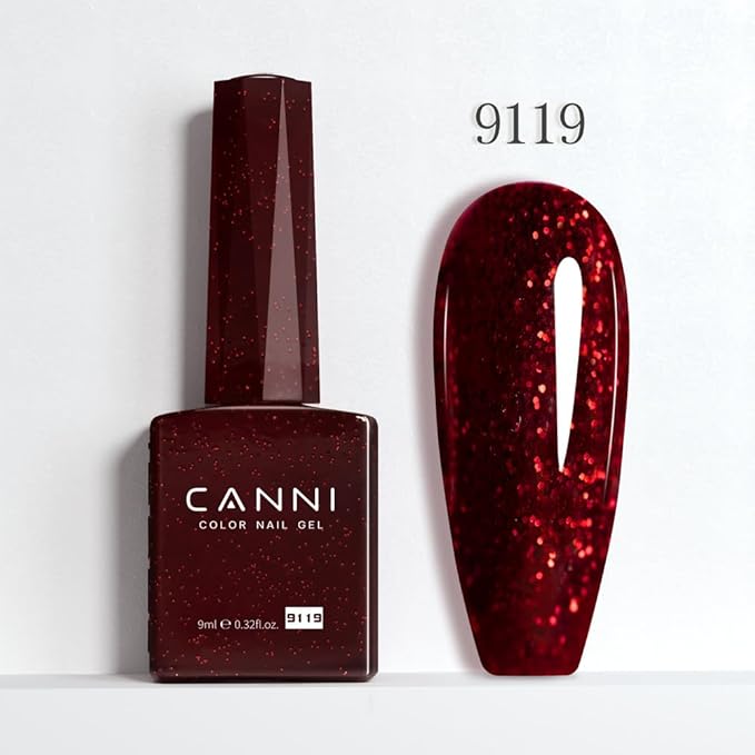 CANNI Dark Burgundy Glitter Red Gel Nail Polish, 1Pcs Sparkle Bright Red Gel Polish Color High Gloss Soak Off U V Nail Manicure Salon DIY