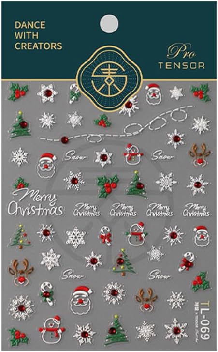 5D Christmas Nail Art Stickers Embossed Snowflakes Nail Stickers Christmas Tree Santa Claus Elk Winter Holiday Nail Design Xmas Nail Decals Nail Art Supplies for Christmas Nails DIY Manicure