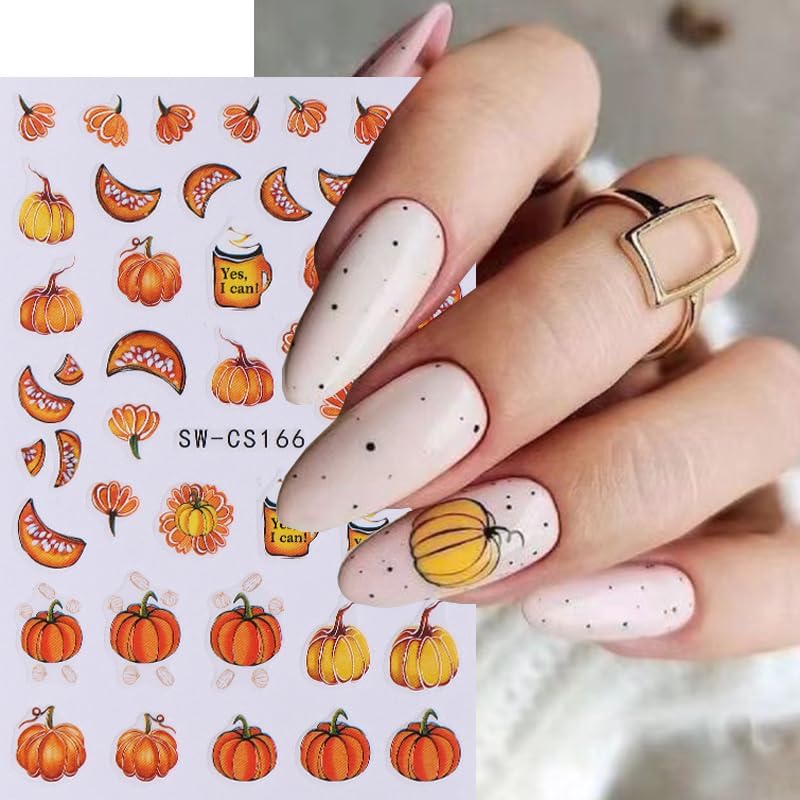 8 Sheets Fall Nail Art Stickers 3D Self-Adhesive Autumn Nail Stickers Maple Leaf Pumpkin Designs Sticker Nail Art Supplies Thanksgiving Nail Decals for Women Girls Acrylic DIY Manicure Decorations