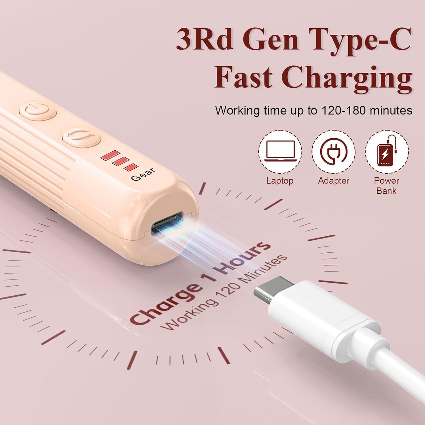 Professional Nail Drill Set, 2,0000 RPM Electric Nail File with 12 Grinding Head & 100Pcs Sanding Bands for Acrylic Gel Nails, Manicure and Polishing (Beige)