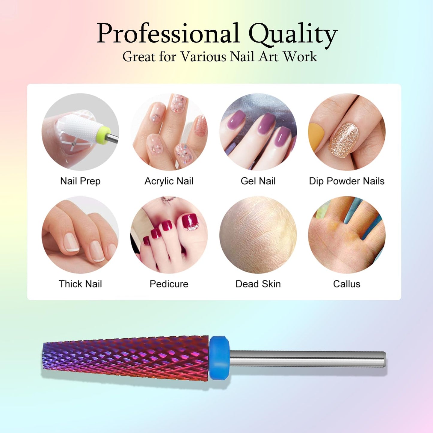 Super Long 5 in 1 Nail Drill Bits, Professional 3/32'' Carbide Tungsten Two Way Rotary Nail Cleaner Nail Bits, Suitable for Manicure Pedicure Cuticle Gel Polishing Acrylic Nails (Purple, Medium-M)