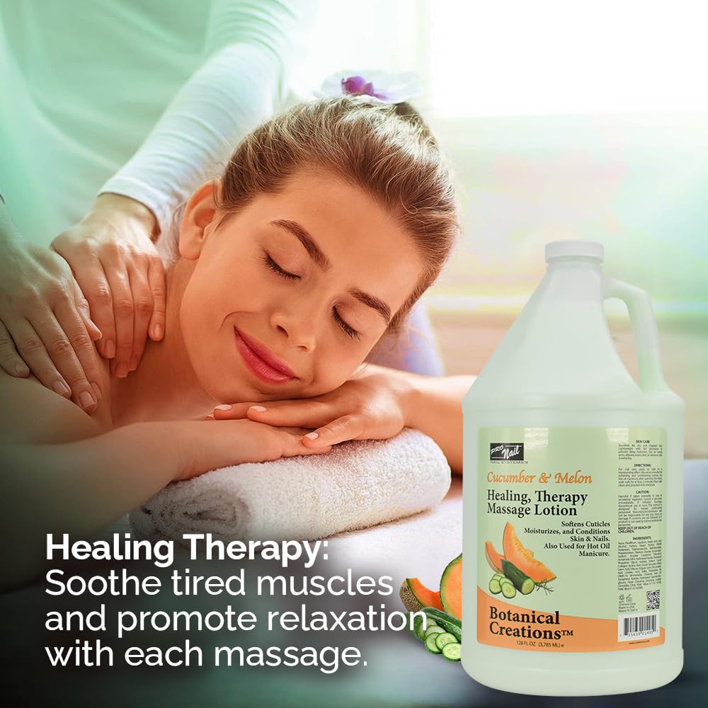 PRO NAIL - Healing Therapy Massage Lotion - Professional Pedicure, Body and Hot Oil Manicure, Infused with Natural Oils, Vitamins, Panthenol and Amino Acids (Cucumber and Melon, 1 Gallon)