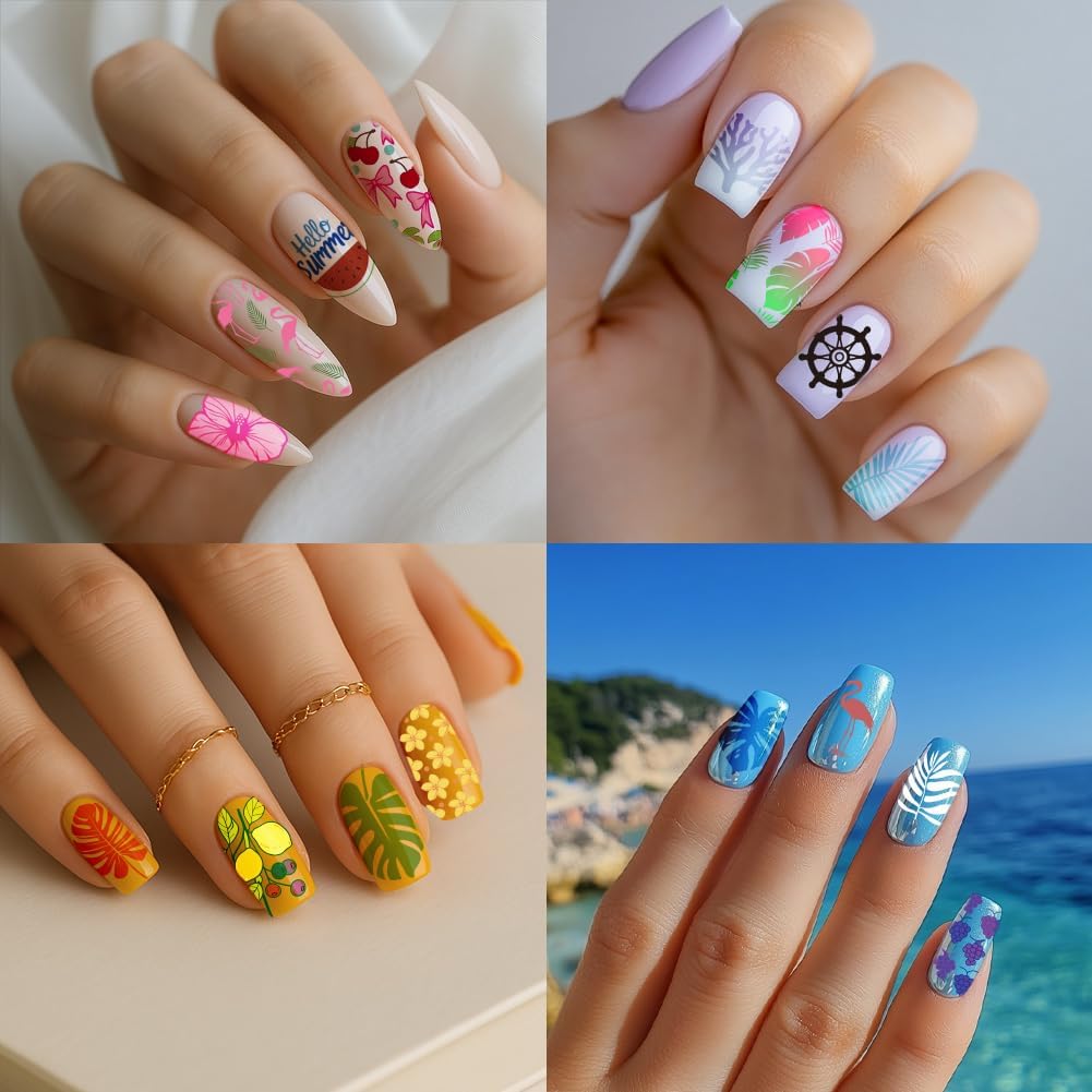PH PandaHall Summer Nail Stamping Plate Kit, 6pcs Ocean Beach Templates Nail Art Stencils Stainless Steel Image Plates with Silicone Nail Stamper Scraper Tool for Women Manicures Salon Design
