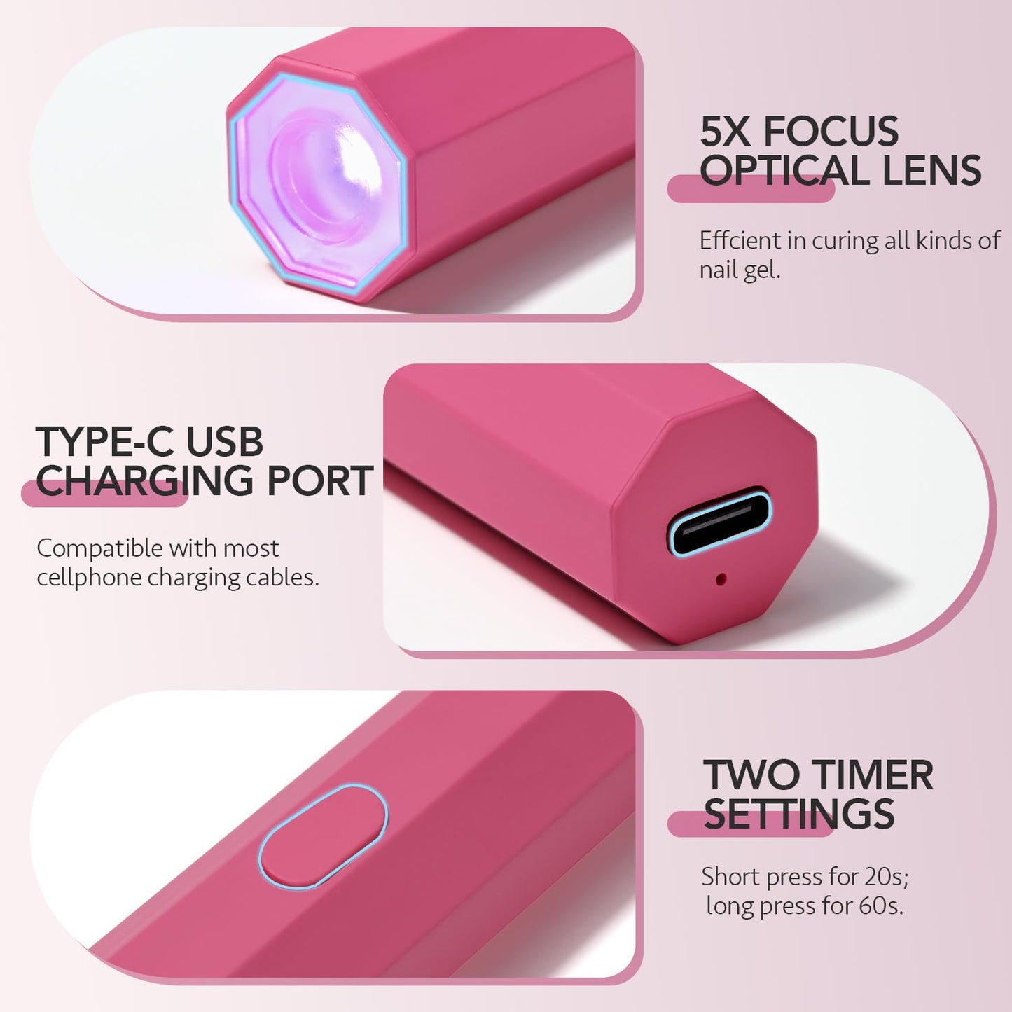 GAOY Handheld UV Light for Gel Nails, Portable LED Nail Lamp, Mini Nail Light, Cordless Rechargeable USB Nail Dryer for Fast Curing, Octagon Rosy