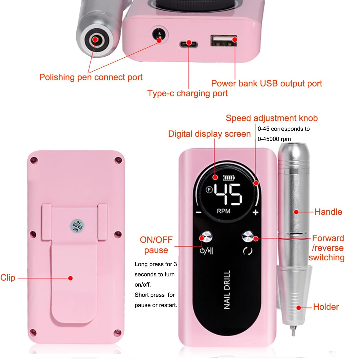 Electric 45000RPM Nail Drill Machine Rechargeable Portable Nail File Electric DIY Nail Drill Kit with Smart LCD Screen for Gel Nail Manicure and Pedicure Reflective Body etc(White)