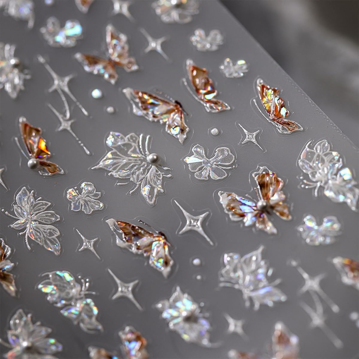 Butterfly Nail Stickers for Nail Art 5D Embossed Pearl Rhinestone Butterfly Nail Art Decals Laser Butterfly Flower Starlight Nail Designs Self Adhesive Nail Art Supplies for Women Nail Art Decoration