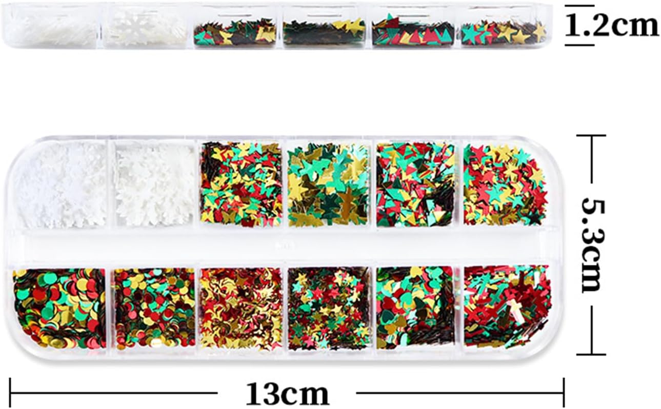 12 Grids Christmas Nail Art Glitter Sequins 3D Holographic Mixed Winter Nail Glitter Flakes Snowflake Christmas Tree Star Round Cross Designs Glitter for Acrylic Nails Xmas Nail Decorations for Women