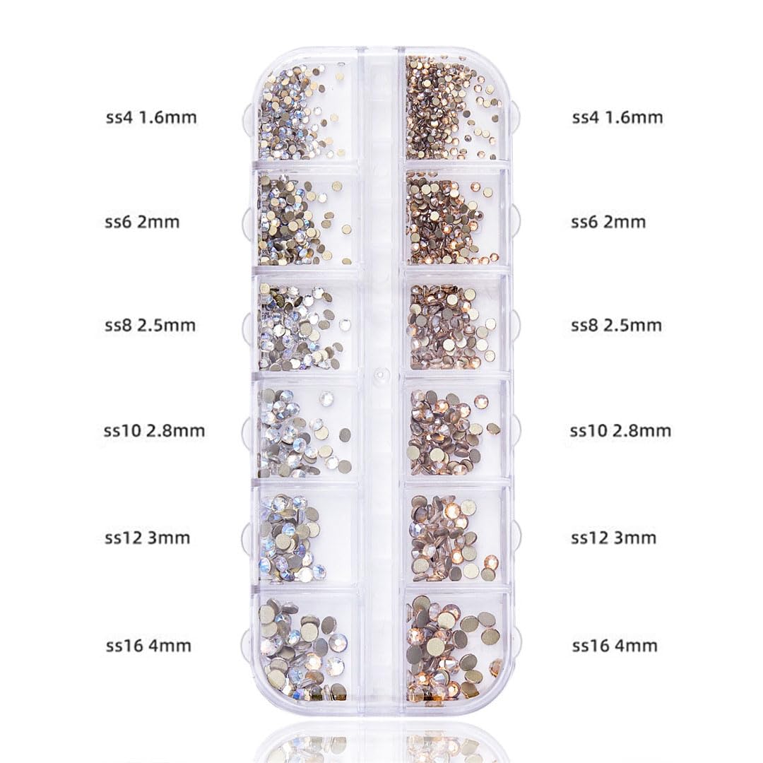 12 grid flat back Rhinestones with Tweezers and Wax Pencil Gems , DIY decorative Nail Face and apparel accessories (blue moonlight and champagne)