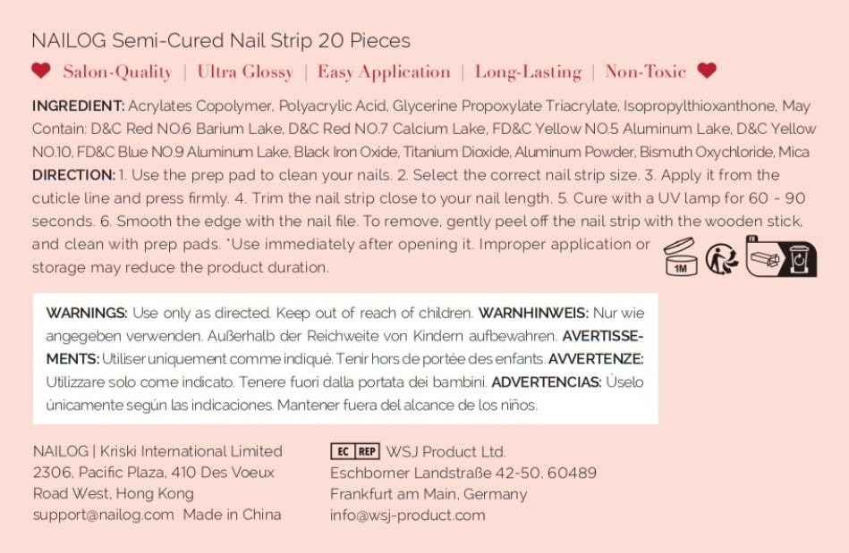 NAILOG Semi Cured Gel Nail Strips, 20 Pcs Pink Flowers Long Lasting Stickers Extra Long Nail Wraps with Glossy Gel Finishing for Spring Summer, Season