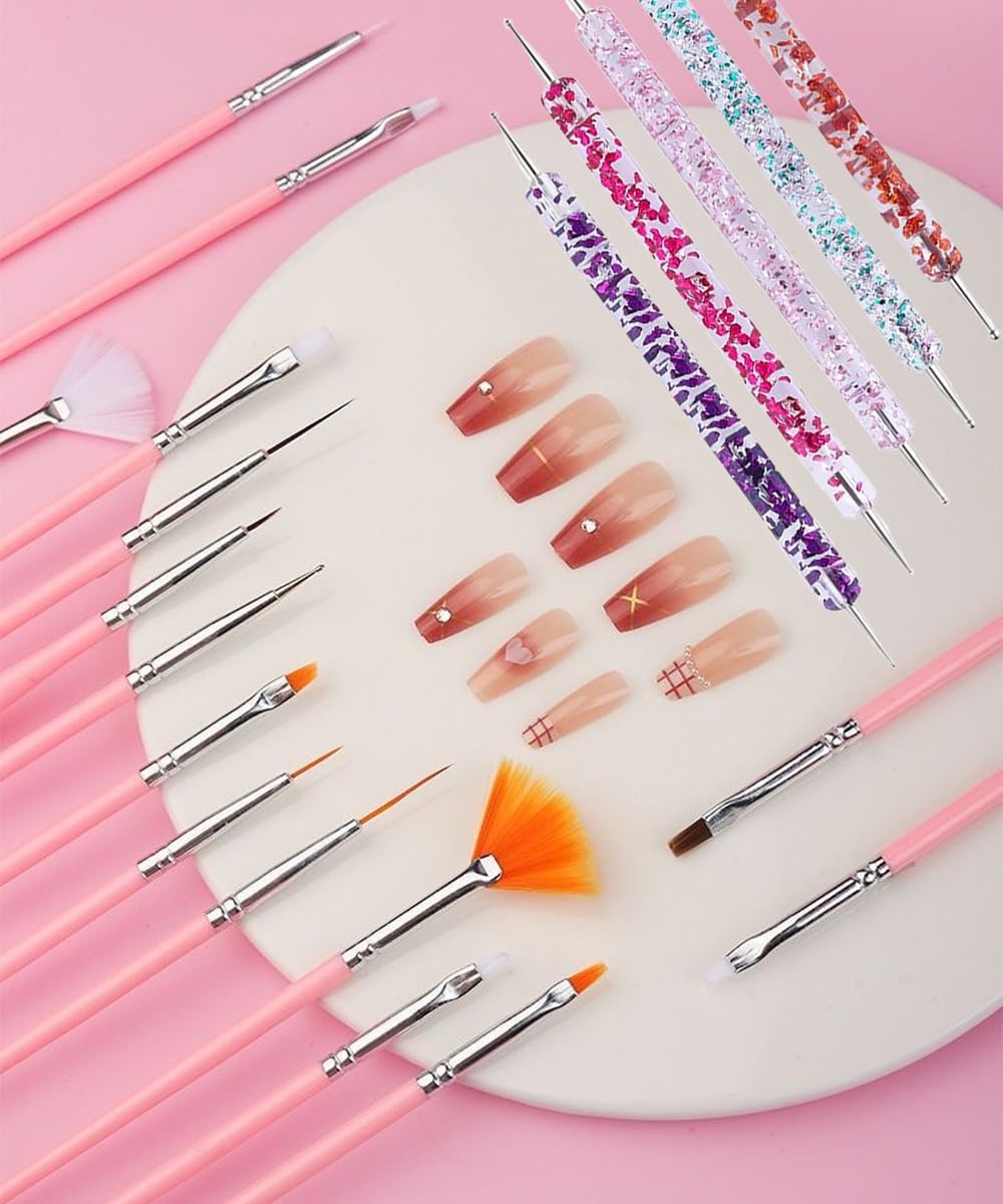 20 Pcs Nail Art Design Tools, 15 Pcs Nail Art Painting Brushes with 5 Pcs Double-end Nail Dotting Tools
