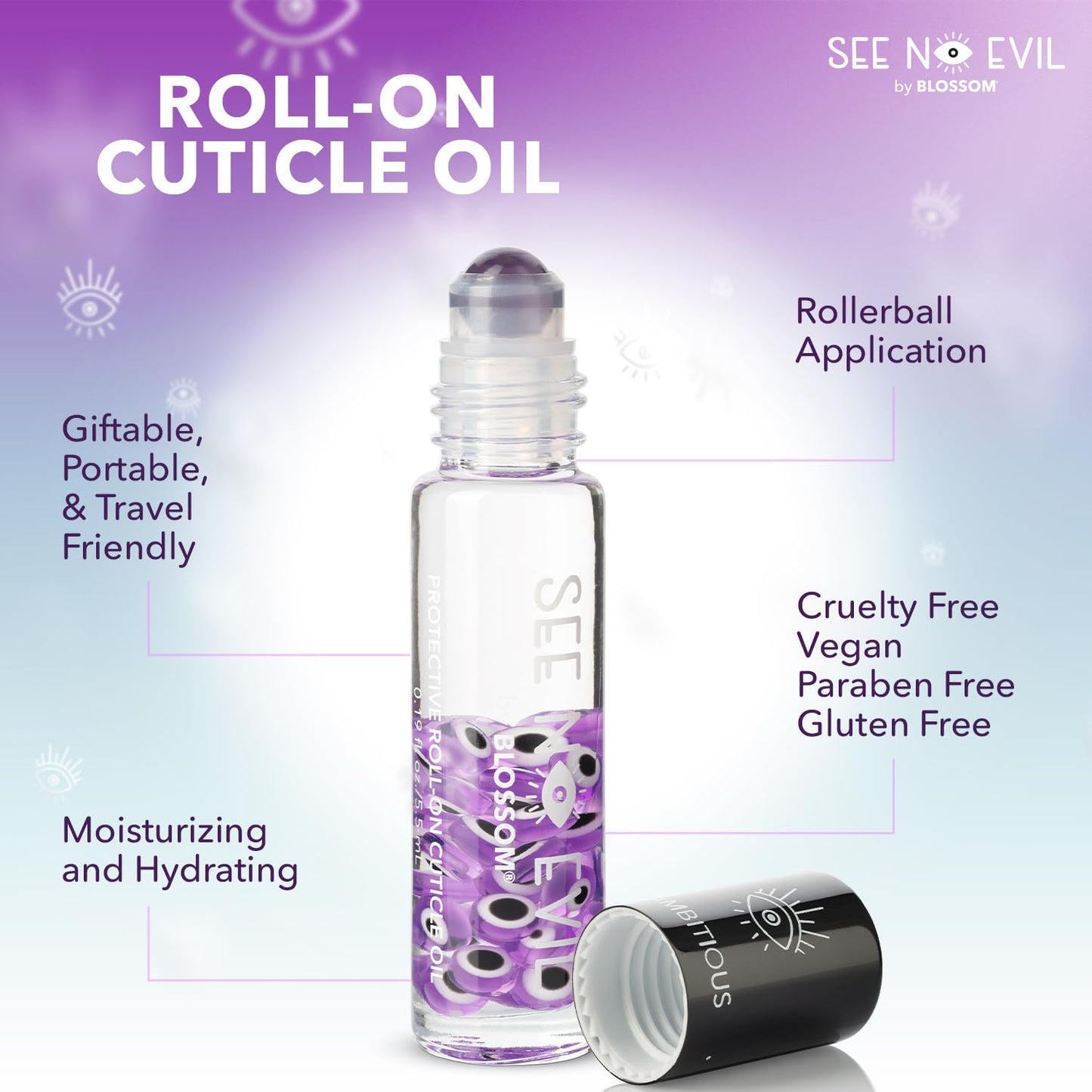 Blossom Cuticle Oil, See No Evil Scented Roll on Cuticle Oil for Nails, Rollerball Application for Nail Support, Cruelty Free, 0.19oz, Ambitious Lavender