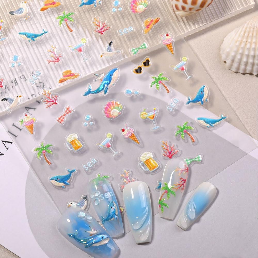 Summer Beach Theme 3D Nail Art Stickers, 2 Sheets, Self-Adhesive Embossed Ocean Designs with Fish, Coral, Seaweed, Palm Trees for Nail Decoration, Vacation Manicure