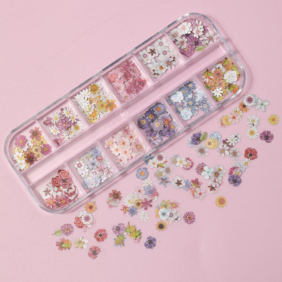 600Pcs 3D Flower Nail Art Charms Sequins Decals Colorful Mixed Flowers Leaves Design Slice Nail Flowers Ultra Wood Pulp Flakes Sequins