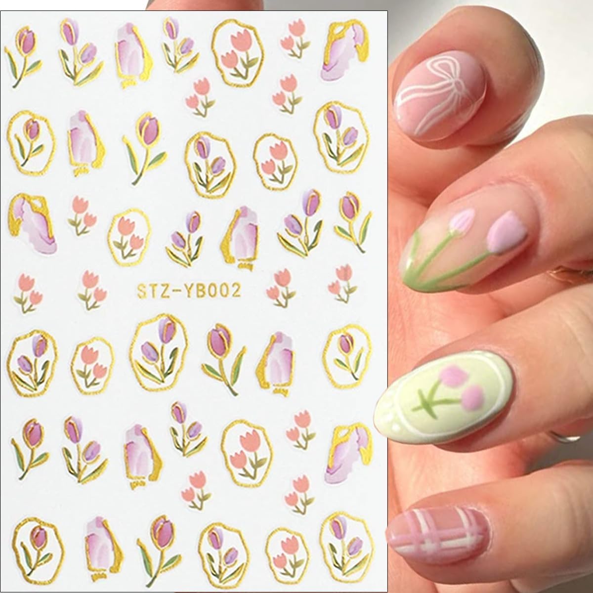 6Sheets Spring French Nail Stickers 3D Self Adhesive Flower Nail Decals Elegant Tulip Flower Bow Nails Art Stickers Blue Hibiscus Floral Nails Art Design Supplies for Women Girls DIY French Manicure