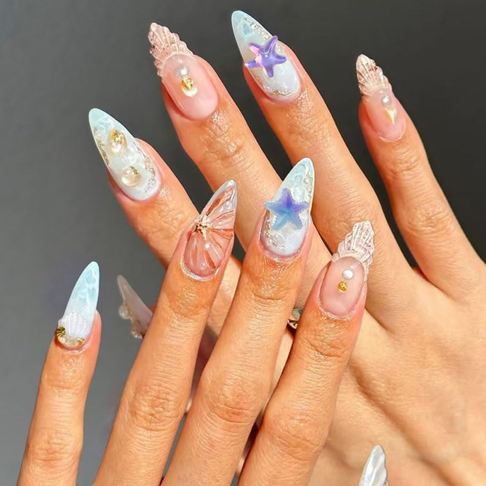 150PCS Beach Nails Charms, Summer Ocean Series 3D Resin Nail Rhinestone Mixed Sea Shell Starfish Dolphin Fishtail Nail Gem for Women Girls Manicure DIY Crafts Accessories
