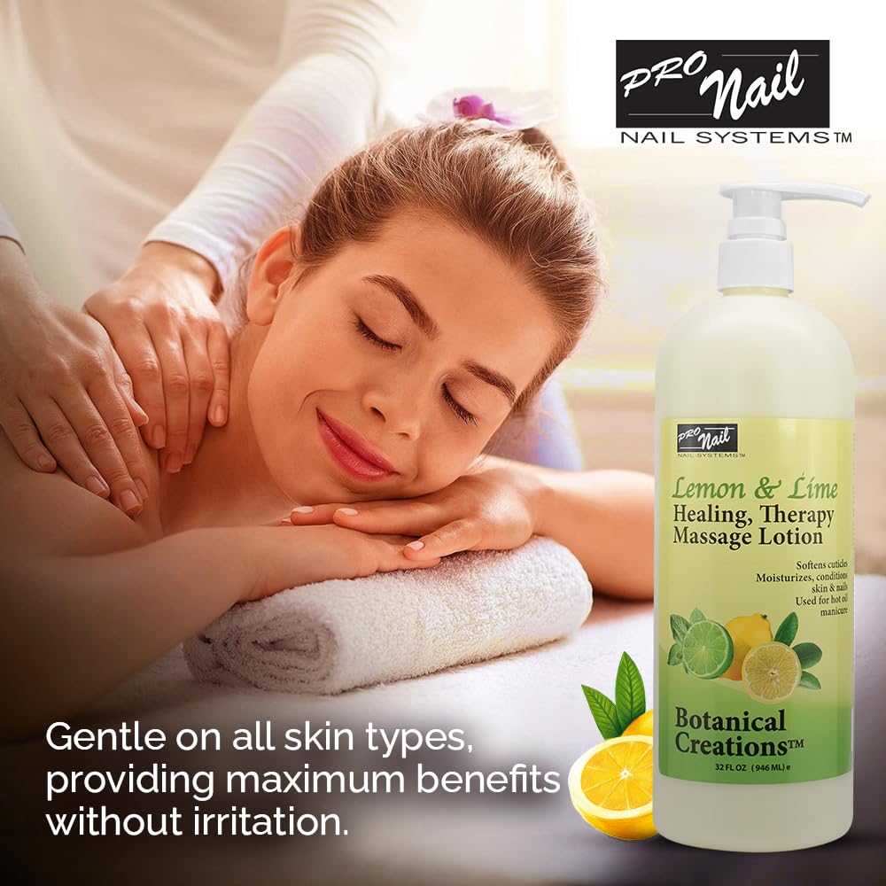 PRO NAIL - Healing Therapy Massage Lotion - Professional Pedicure, Body and Hot Oil Manicure, Infused with Natural Oils, Vitamins, Panthenol and Amino Acids (Lemon and Lime, 32 Oz)