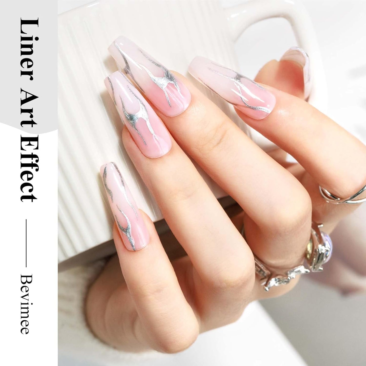 Nail Polish Liner Silver, Air Quick Dry, Chrome Metallic Nail Lacquer Non Gel liner Nail Art, Glitter Build in Thin Brush for Nail Design Polish Nail Decoration Dotting Painting, 12ML