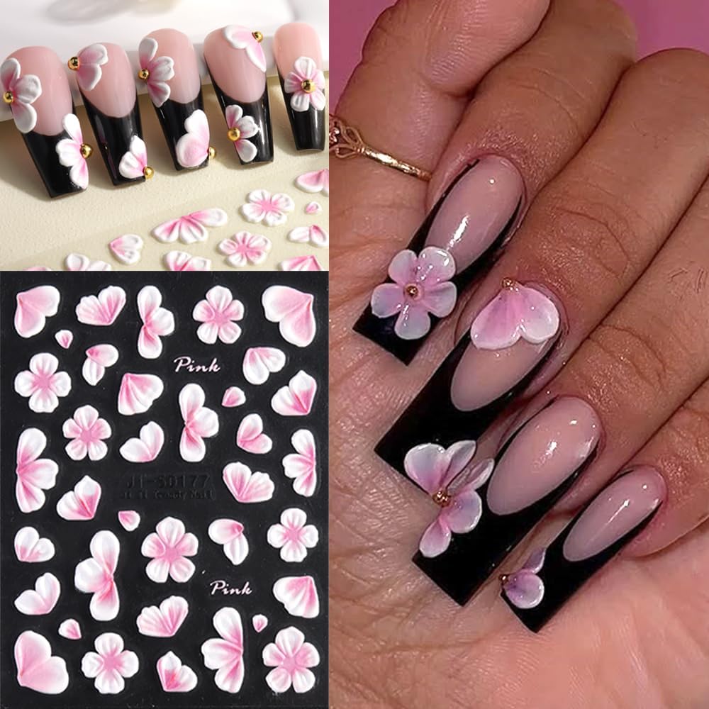 Flower Nail Art Stickers Decals 5 Sheets Pink White Colorful Summer Floral Leaf Blossom 5D Embossed Nail Decals Self-Adhesive Nails Supply Manicure Sliders for Women Girls DIY Nail Art Decorations