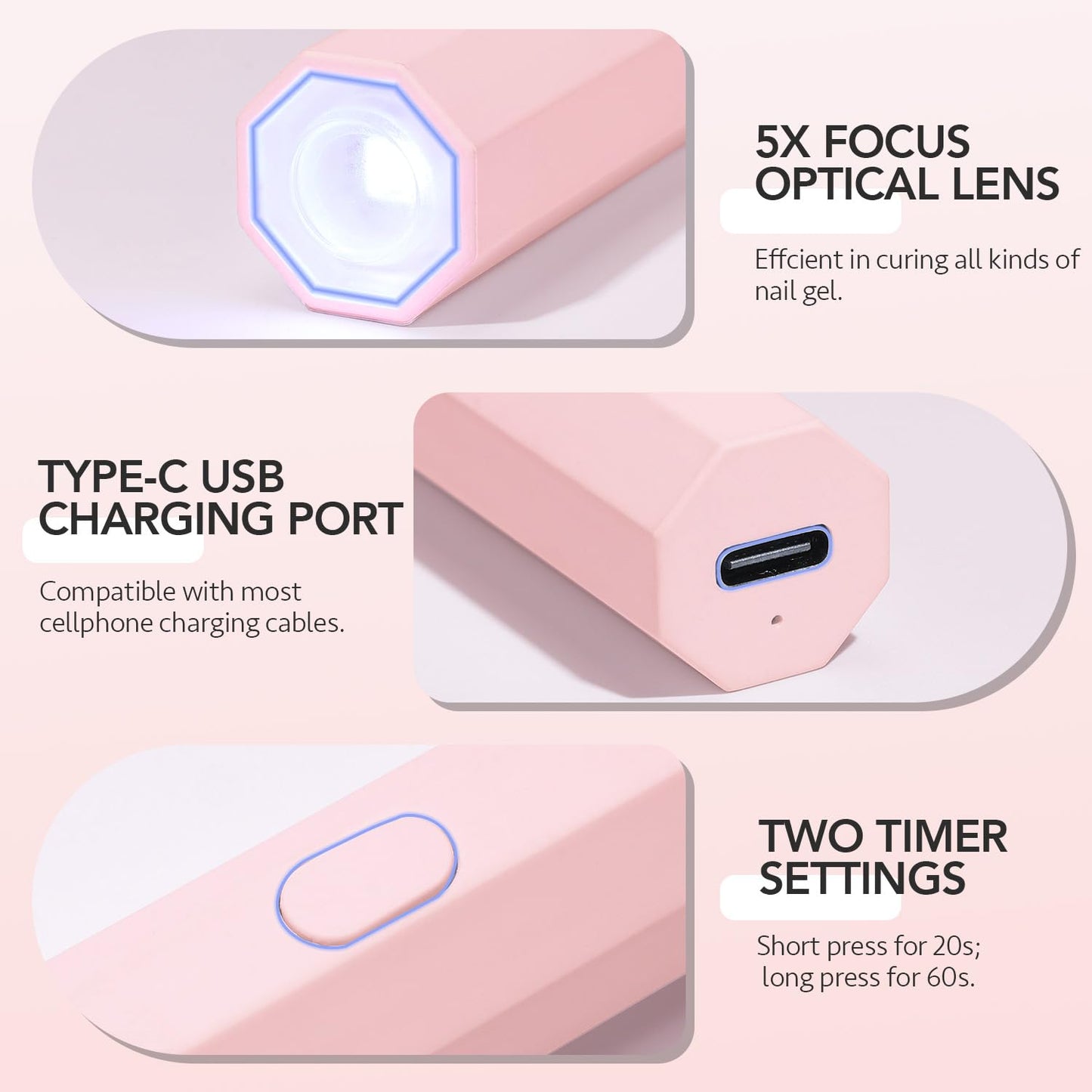 GAOY Handheld UV Light for Gel Nails, Mini Nail Lamp, Portable Cordless Rechargeable, Fast Curing, Octagon Pink