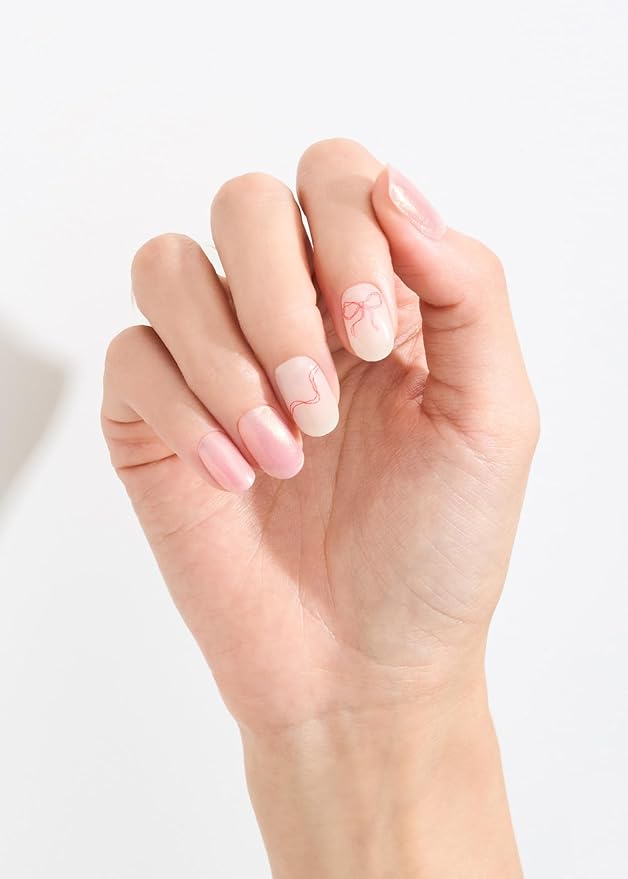ohora Semi Cured Gel Nail Strips (N Someday) - White, Pink, Ribbon, Works with Any UV/LED Lamps, Salon-Quality, Long Lasting, Easy to Apply & Remove - Includes 2 Prep Pads, Nail File & Wooden Stick