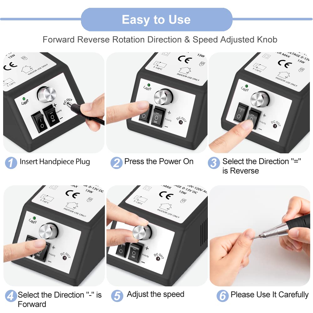 Professional Nail Drill Machine 30000 RPM Efile Electric Nail Filer Kit for Finger Toe Nails, Acrylic Gel Nails, Manicure Pedicure Drill with 6Pcs Nail Bits, 106Pcs Sanding Bands - Black