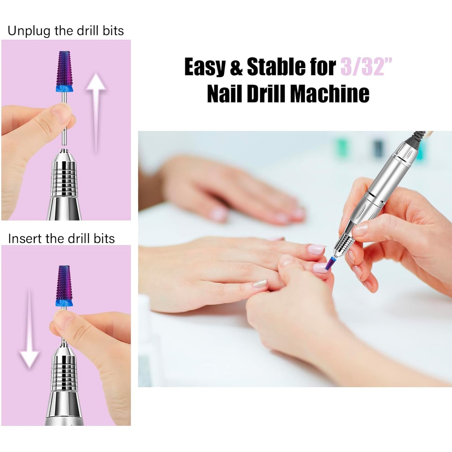 Depvko Super Long 5 in 1 Nail Drill Bits, 3/32'' Carbide Tungsten Bits, Two Way Rotate Professional Advanced Safety Bits for Nail, Fast Remove for Manicure Pedicure (Classic 5in1-Purple, Medium-M)