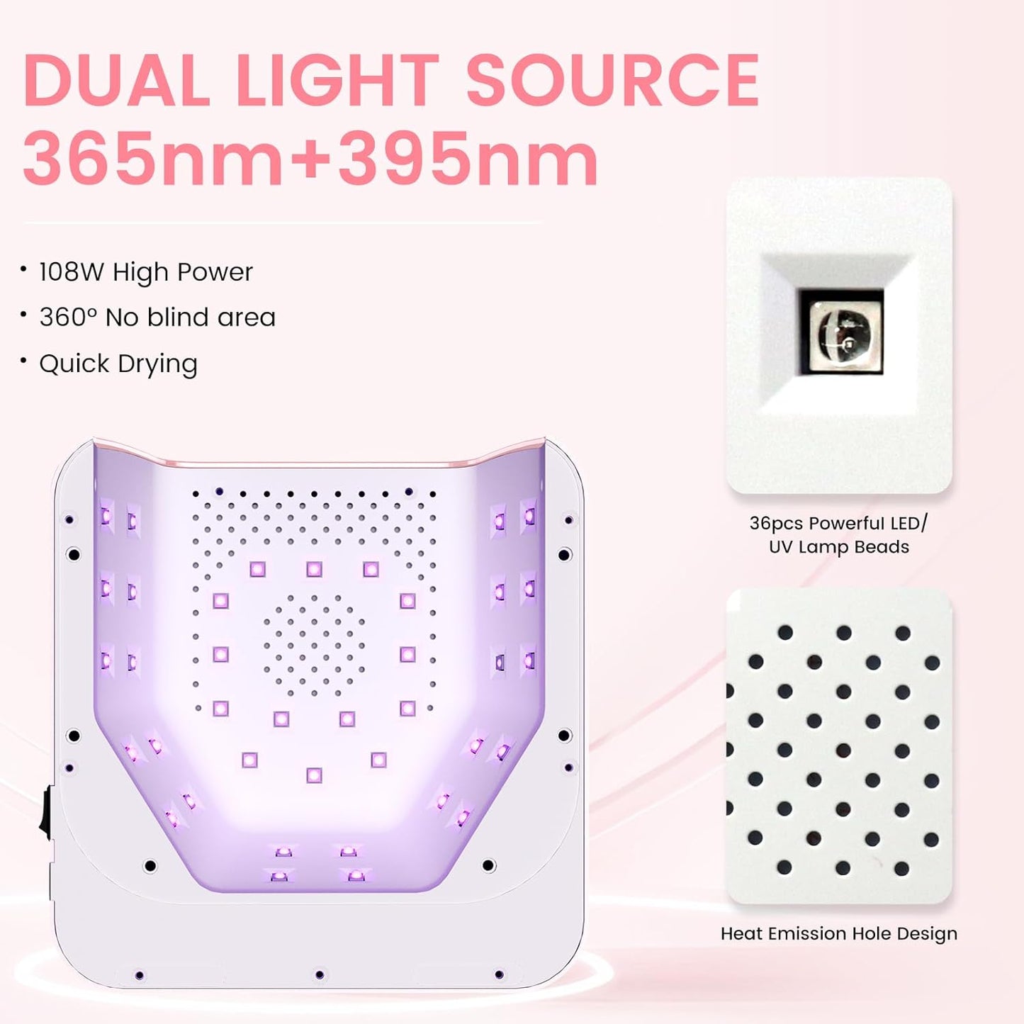 UV Nail Lamp 108W, UV Light for Gel Nail Polish, Cordless LED Nail Lamp with 36 Beads & Touch Display, Nail Light with 4 Timer Mode & Auto Sensor, Fast Curing Nail Dryer for Salon & Home (Pink)