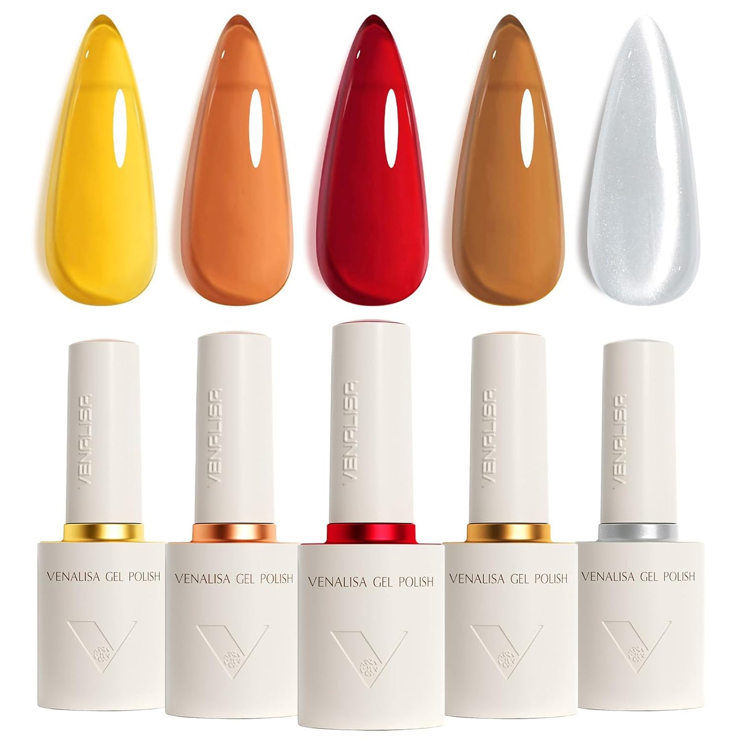 VENALISA Gel Nail Polish Set, 5 Colors 10ML Gel Polish Kit Jelly Color Brown Yellow Orange Red Cat Eye Glitter Soak Off Salon Manicure DIY at Home Nail Art For Girls Women
