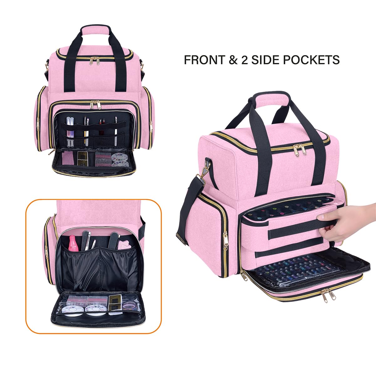 Nail Polish Organizer Case Holds 80 Bottles(15ml/0.5fl.oz) Portable Travel Storage Box with 2 Detachable Bags, Designed for Women's Nail Tools, Essential Oils and Cosmetics Sets(Pink)