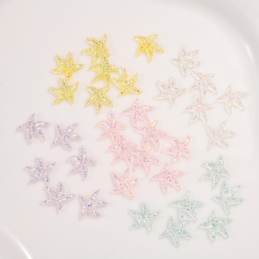 200PCS Iridescent Starfish Nail Art Rhinestones, Pastel Rainbow Colors, Mini Resin Decorations for Manicure