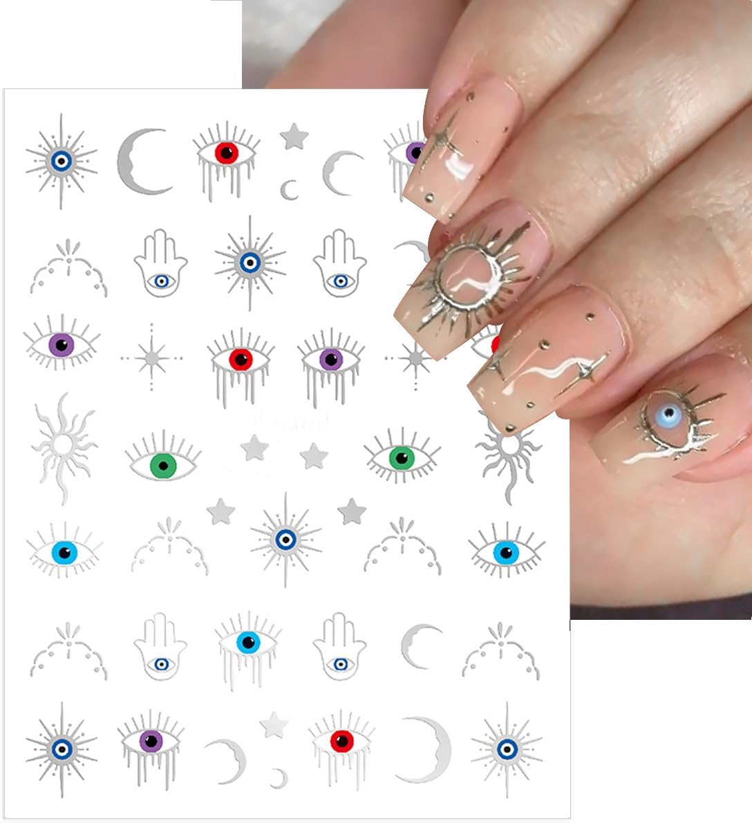 6 Sheets Halloween Eye Nail Art Stickers 3D Self Adhesive Gold Silver Nail Stickers Gothic Eye Nail Decals Star Sun Nail Art Supplies Halloween Holiday Nails Supply for Women DIY Manicure Kit