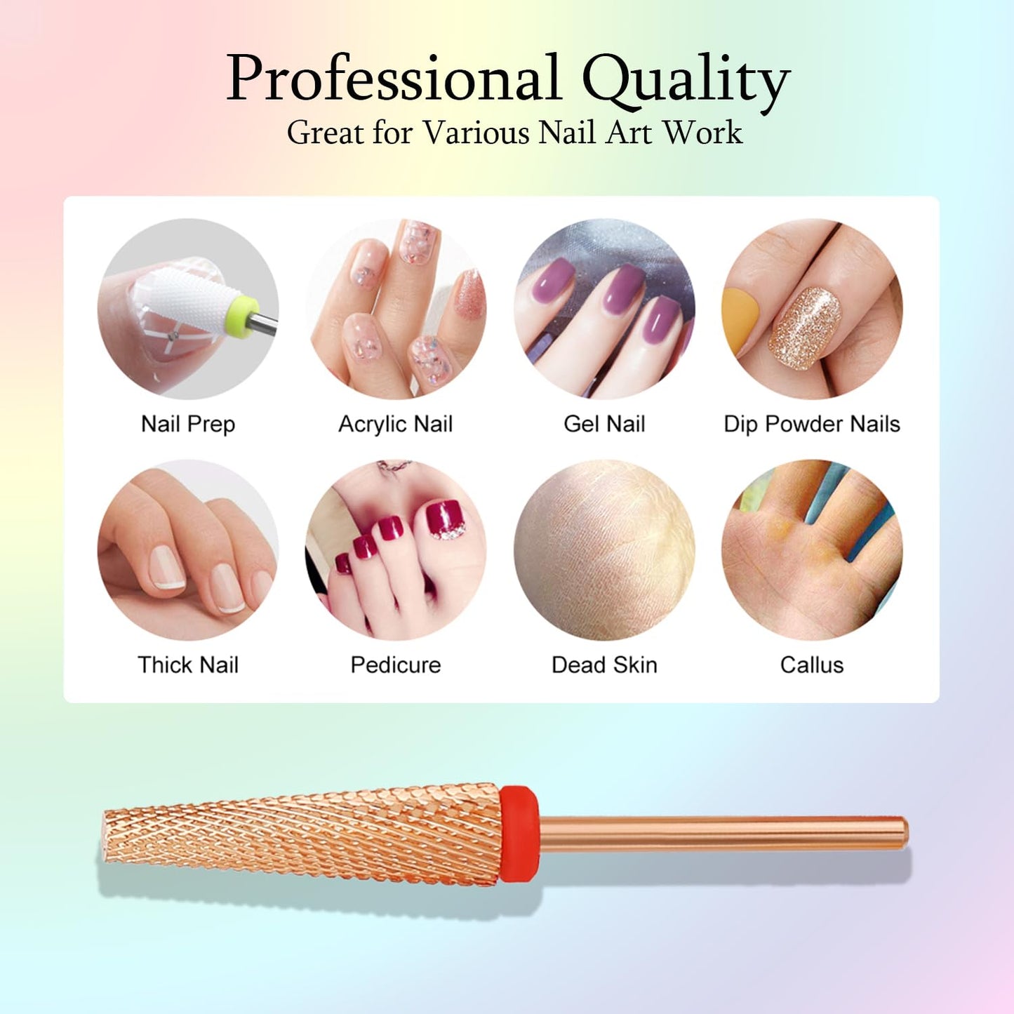 Super Long 5 in 1 Nail Drill Bits, Professional 3/32'' Carbide Tungsten Two Way Rotary Advanced Safety Bits, Fast Remove for Manicure Pedicure Cuticle Acrylic Nails (Rose Gold, Fine-F)
